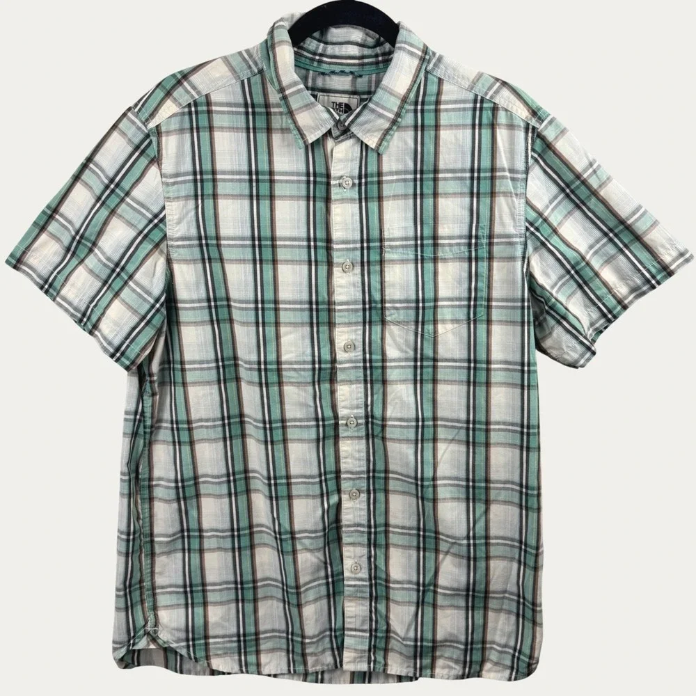 The North Face Plaid Button Up Shirt Men Large Teal Short Sleeve Hiking Gorpcore